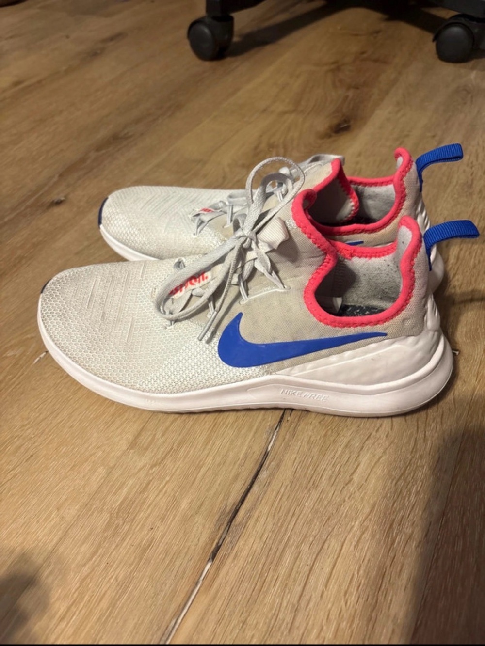 Nike Kids Grey Sneakers with Blue Swoosh and Pink Trim